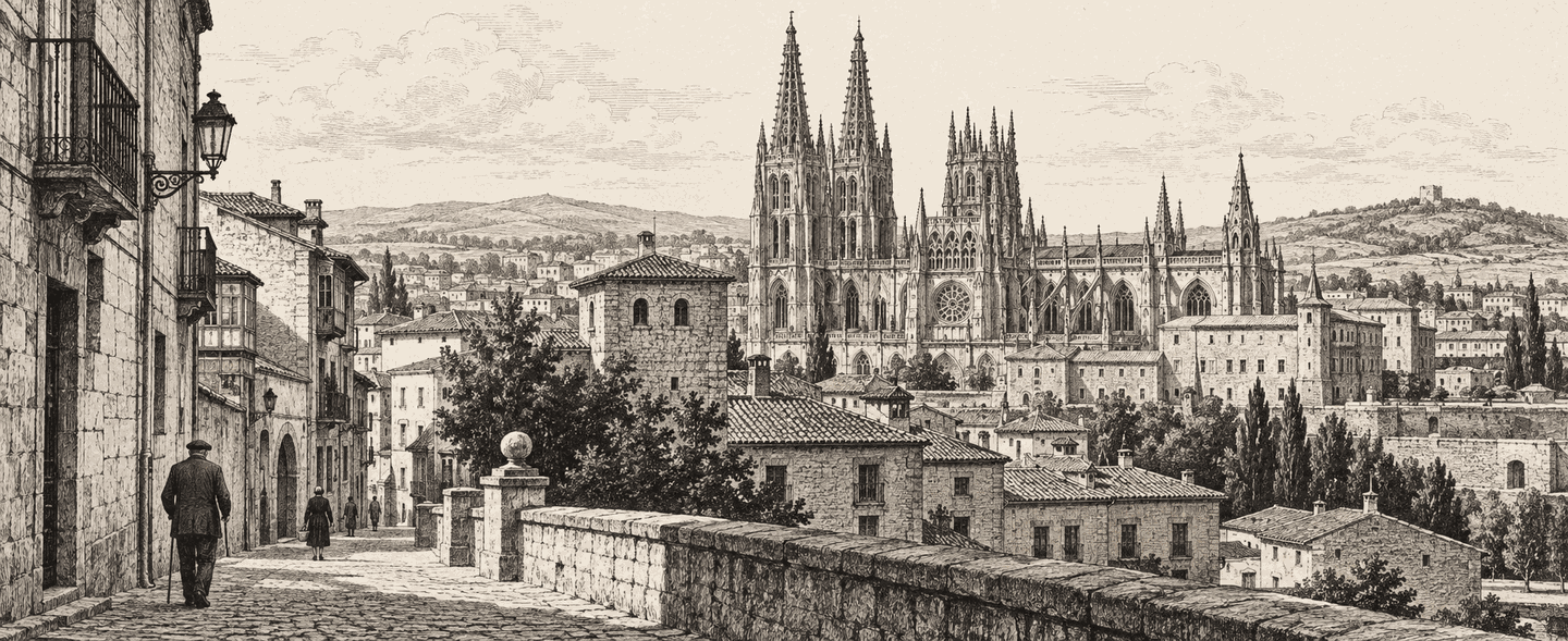 Ilustración antigua de Burgos y su catedral, evocación de los años sesenta